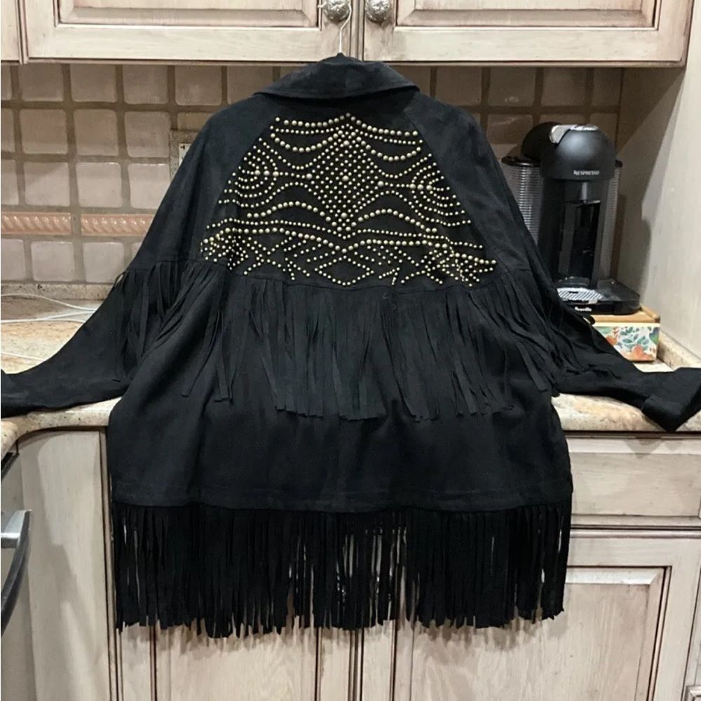 Free People The Lucky Ones Suede Jacket Fringed Studded Snap Front Black - Picture 7 of 7